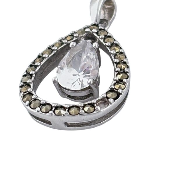 Vintage SU Sterling Silver Cubic Zirconia Marcasite Teardrop Pendant - Picture 3 of 7